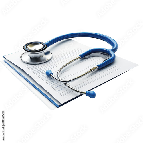 Blue stethoscope rests on medical forms symbolizing healthcare diagnosis and patient records on transparent background