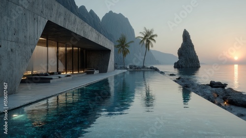striking juxtaposition of brutalist seaside architecture and raw coastal landscape, dark concrete cantilevered terrace over a glassy infinity pool, ripple patterns, towering coral-white rock formation