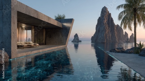 striking juxtaposition of brutalist seaside architecture and raw coastal landscape, dark concrete cantilevered terrace over a glassy infinity pool, ripple patterns, towering coral-white rock formation