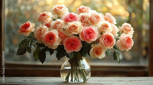 Fototapeta Naklejka Na Ścianę i Meble -  A bouquet of peach and coral roses in a clear glass vase sits on a wooden windowsill, bathed in warm sunlight