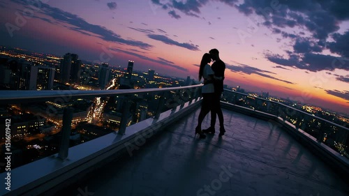 Romantic partners holding each other closely, kissing passionately during golden sunset, urban skyline creating dramatic backdrop with warm, vivid evening light
