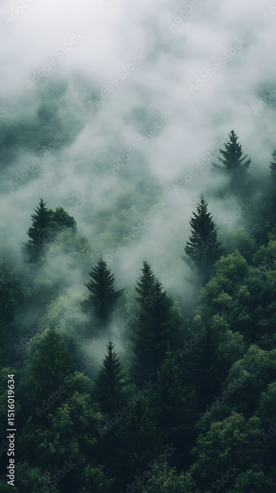 Misty mountains create an ethereal view above the evergreen forest in a scenic shot Misty mountains create an ethereal view above the evergreen forest in a scenic shot