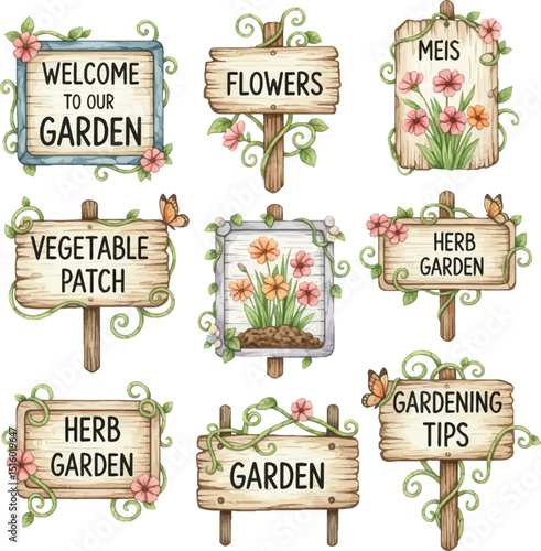 Watercolor Garden Sign Collection with Floral and Vegetable Accents