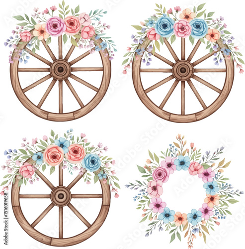 ustic Wooden Wheels Decorated with Watercolor Flowers