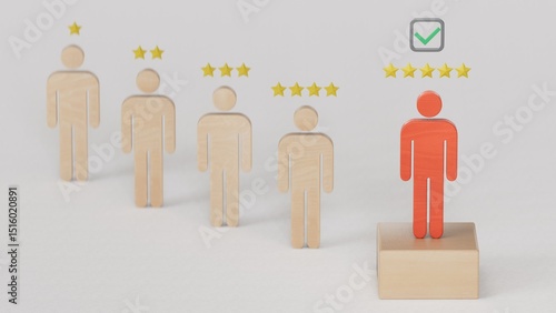 Φωτογραφία Wooden figure smiley with five golded stars and standing on cube for select the best client and customer evaluation concept