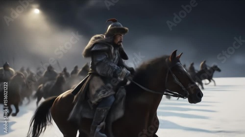 Mongolian Warrior Leads His Army on Horseback Through a Snowy Landscape