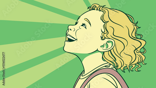 Vector joyful child with curly blonde hair looking up, expressing happiness and wonder