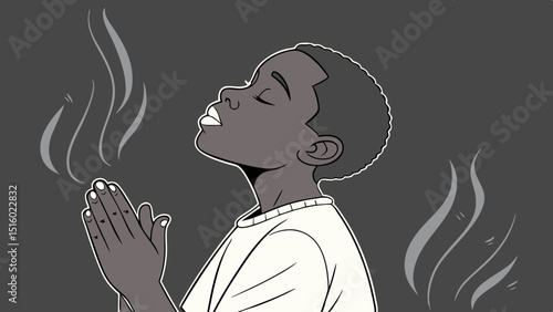 Vector young boy with clasped hands is praying, expressing deep emotion and spirituality