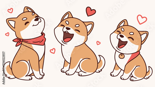 Vector Cute shiba inu dogs with happy expressions and playful poses, surrounded by hearts
