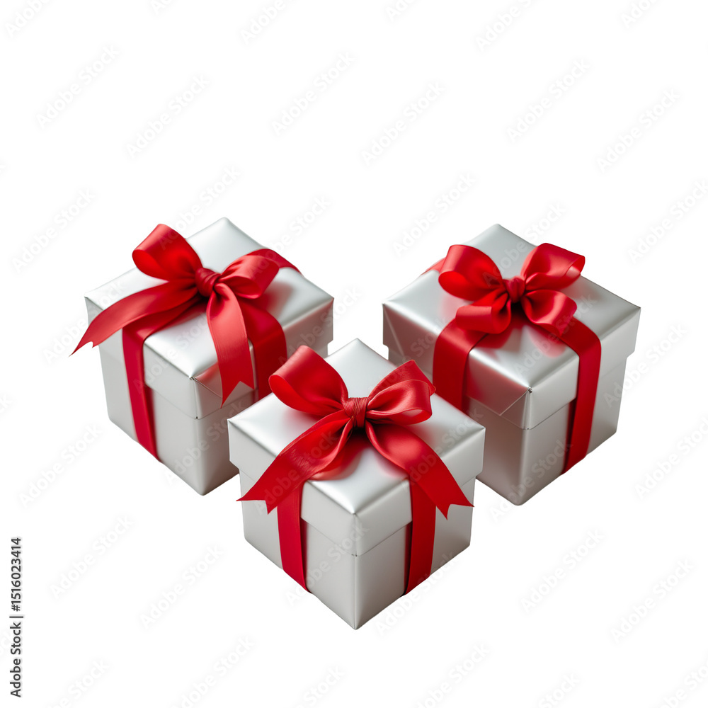 Three Elegant Silver Gift Boxes with Red Ribbons for Celebrations and Special Occasions Three Elegant Silver Gift Boxes with Red Ribbons for Celebrations and Special Occasions
