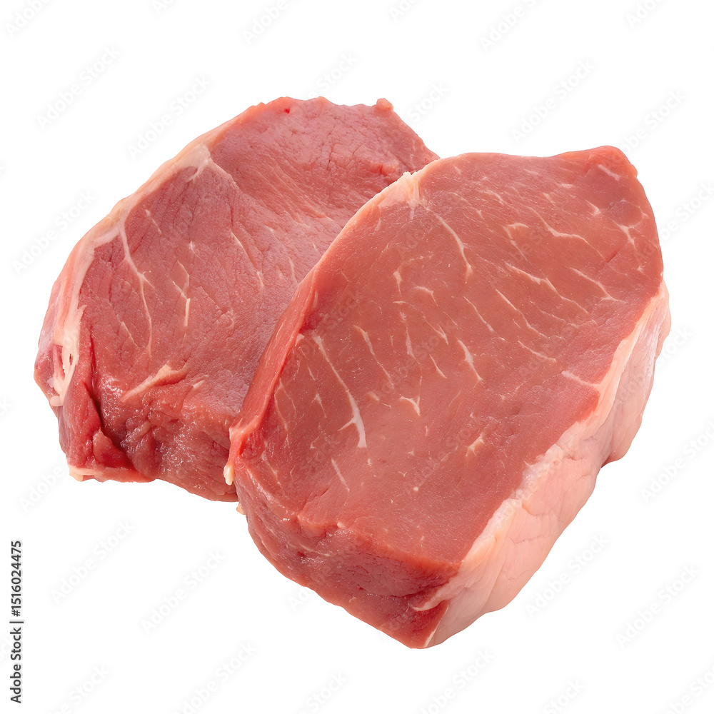 Two fresh raw beef steaks ready for culinary preparation isolated on white background