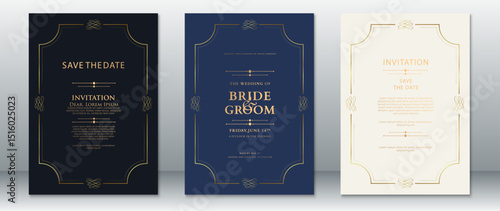 Luxurious wedding invitation set with navy, black, and ivory backgrounds, featuring gold decorative borders and formal typography. Ideal for elegant evening weddings and classic themes.