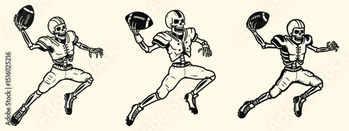 Skeleton Football Player Vector – Black and White Mid-Air Action Skeleton Holding Ball Illustration