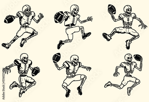 Skeleton Football Player in Action – Black and White Vector Illustration of Skull Athlete Jumping with Ball