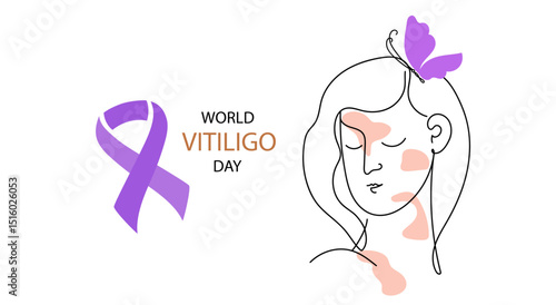world vitiligo day banner, line art vector illustration. face woman with vitiligo skin isolated on white background.