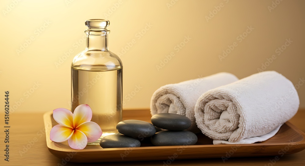 Spa Setting With Essential Oil and Relaxation Accessories on Wooden Tray variation 4 Spa Setting With Essential Oil and Relaxation Accessories on Wooden Tray variation 4