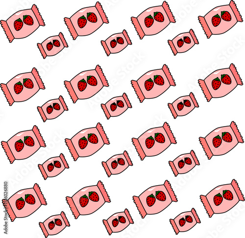 Cute Strawberry Candy Wrapper Pattern Vector for Kids Sweet Packaging, Confectionery Branding, and Fun Dessert Designs