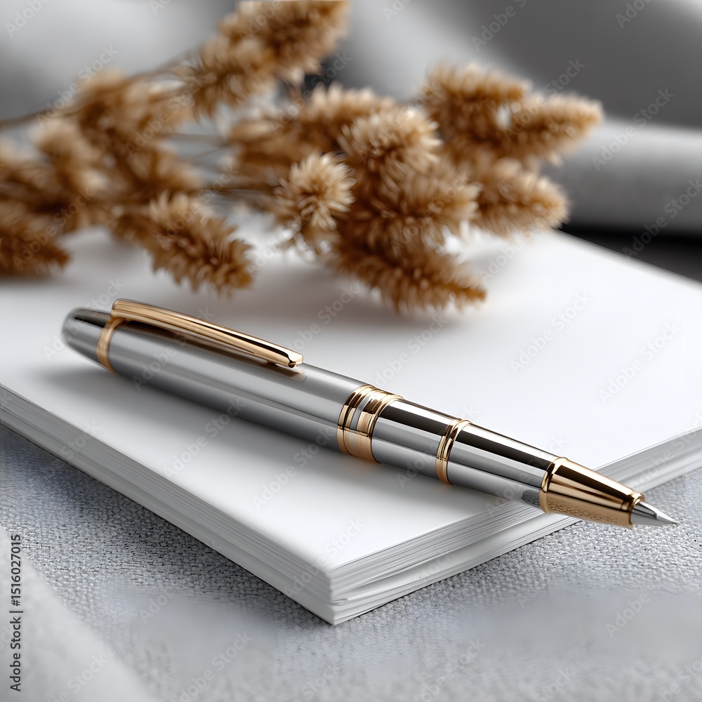 Fototapeta premium Silver pen on white notepad with dried grasses