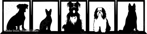 Silhouettes of various dog breeds and a cat in separate framed compartments