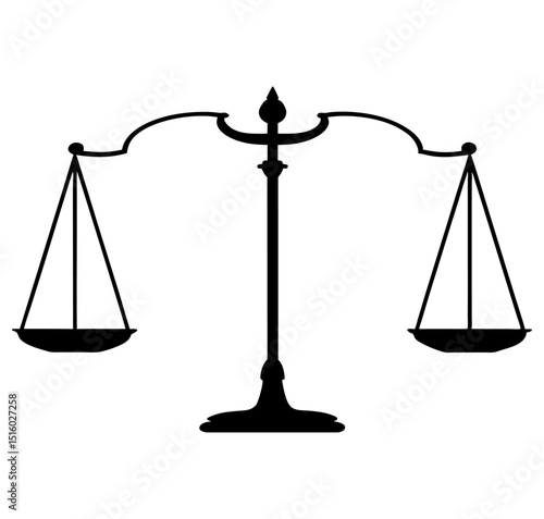 A black and white illustration of a traditional scale of justice symbol icon