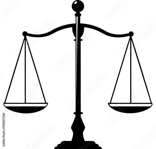 A black and white illustration of a balance scale representing justice and law