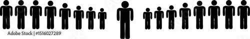 Black stick figures arranged in a row with varying sizes on white background