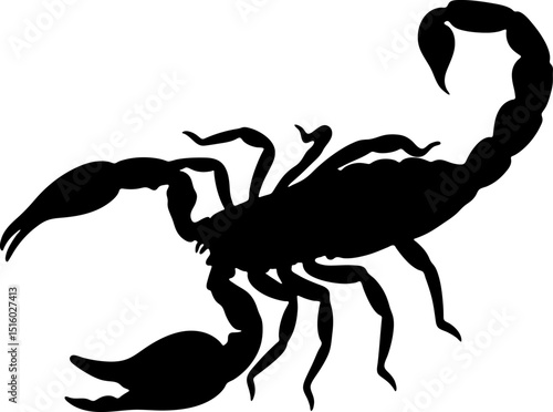 Silhouette of a scorpion with its tail curved over its back on white background