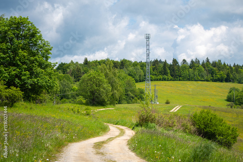 Telecommunication tower in a green rural landscape with a winding dirt road, forest, and wildflower meadow under a partly cloudy sky.