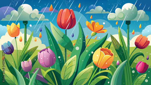 Raindrops falling gently over fresh tulips, daffodils, and green leaves under a cloudy spring sky, capturing the essence of renewal, softness, and early-season growth in nature.