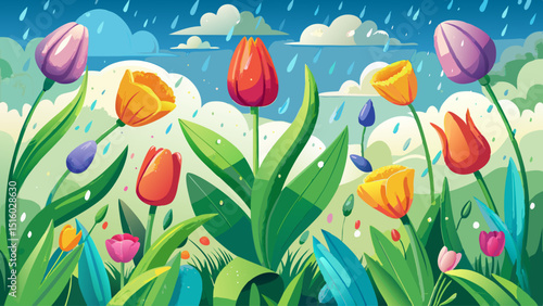  Raindrops falling gently over fresh tulips, daffodils, and green leaves under a cloudy spring sky, capturing the essence of renewal, softness, and early-season growth in nature.