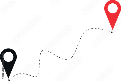 This clean vector graphic shows a dashed line route between two location markers, perfect for illustrating a journey, travel plans, directions, or a process.