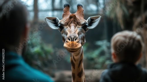 An intimate close-up of a giraffe, showcasing its unique features and expressions, while a child observes curiously, highlighting a meaningful connection to nature and wildlife.
