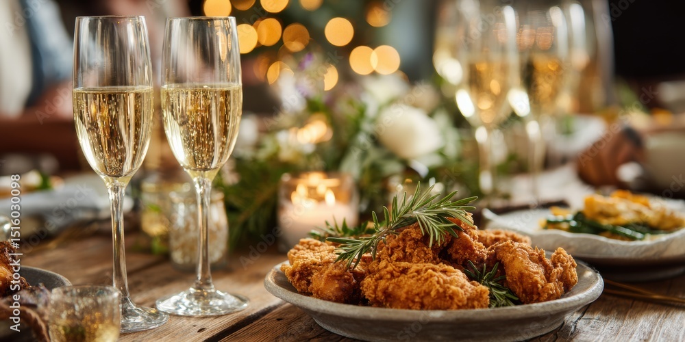 Fototapeta premium A lavish dining setup featuring a golden, crispy fried chicken centerpiece, elegantly presented alongside sparkling champagne glasses in a sophisticated ambiance. National Fried Chicken Day