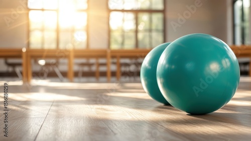 Two vibrant turquoise exercise balls rest on a sunlit wooden floor, symbolizing health and wellness, showcasing the importance of fitness in a bright, inviting environment.