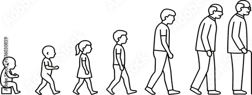 A simple line art illustration depicting the stages of human growth from infancy to old age.