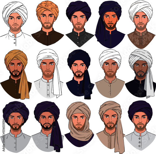 
A collage of male portraits showcasing various styles of turbans and head coverings, suggesting diverse cultural attire