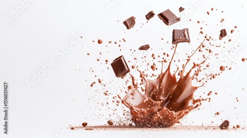 Chunks of dark chocolate explode in a splash of cocoa, creating an artistic and delectable scene that captures the richness and allure of fine chocolate.