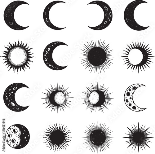 A grid of black and white illustrations featuring various celestial bodies, specifically moons and suns with distinct textures and rays.