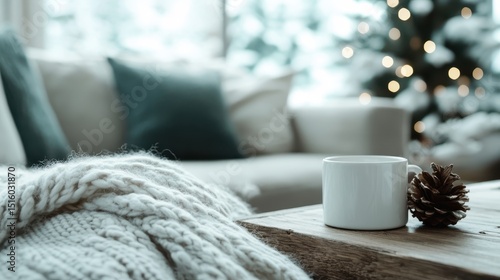 Wallpaper Mural A cozy winter setting featuring a cup of hot drink, a knitted blanket, and a beautifully decorated Christmas tree in the background, evoking feelings of warmth and comfort. Torontodigital.ca