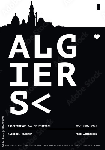 Algiers typography minimalist vector poster for event, national festival, independence day, holiday layout. Brochure, leaflet, flyer, presentation monochrome image template with text for Algeria city