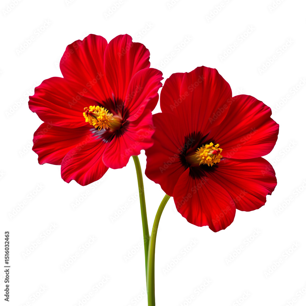 Fototapeta premium Vibrant Red Hibiscus Flowers with Lush Green Leaves Touching Against a Clear Background