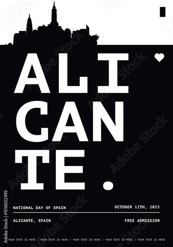 Alicante typography minimalist vector poster for event, national festival, independence day, holiday layout. Brochure, leaflet, flyer, presentation monochrome image template with text for Spain city