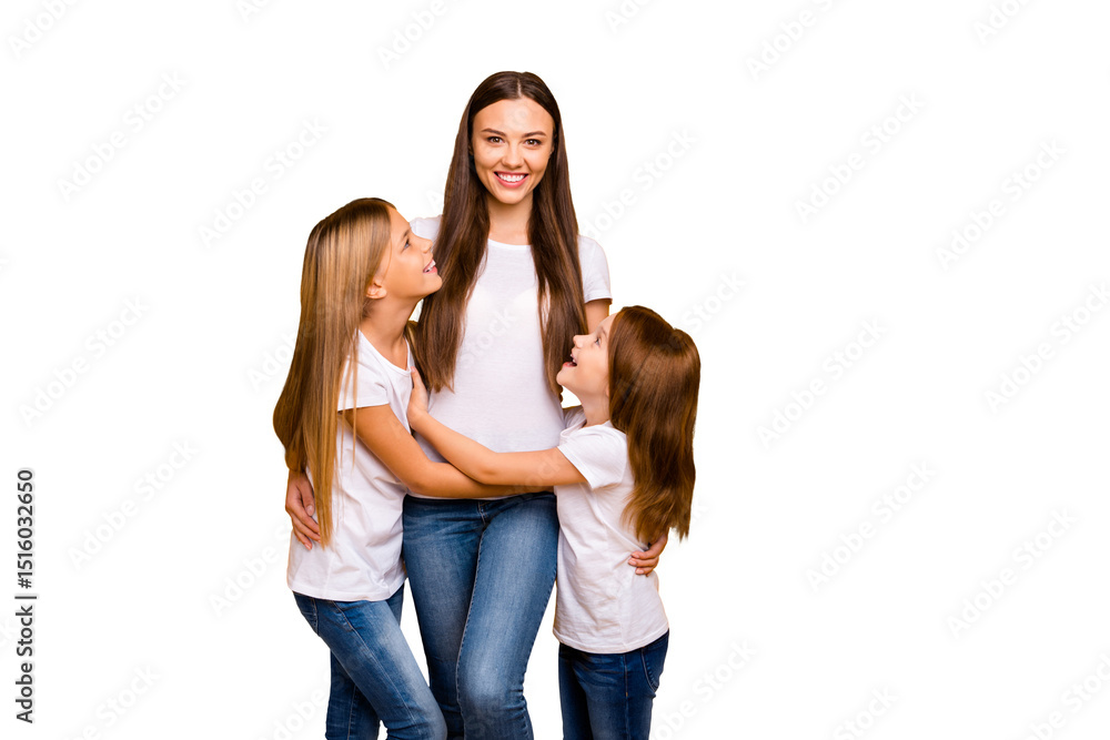 Photo of two little ladies with lovely babysitter wear casual outfit isolated yellow background Photo of two little ladies with lovely babysitter wear casual outfit isolated yellow background