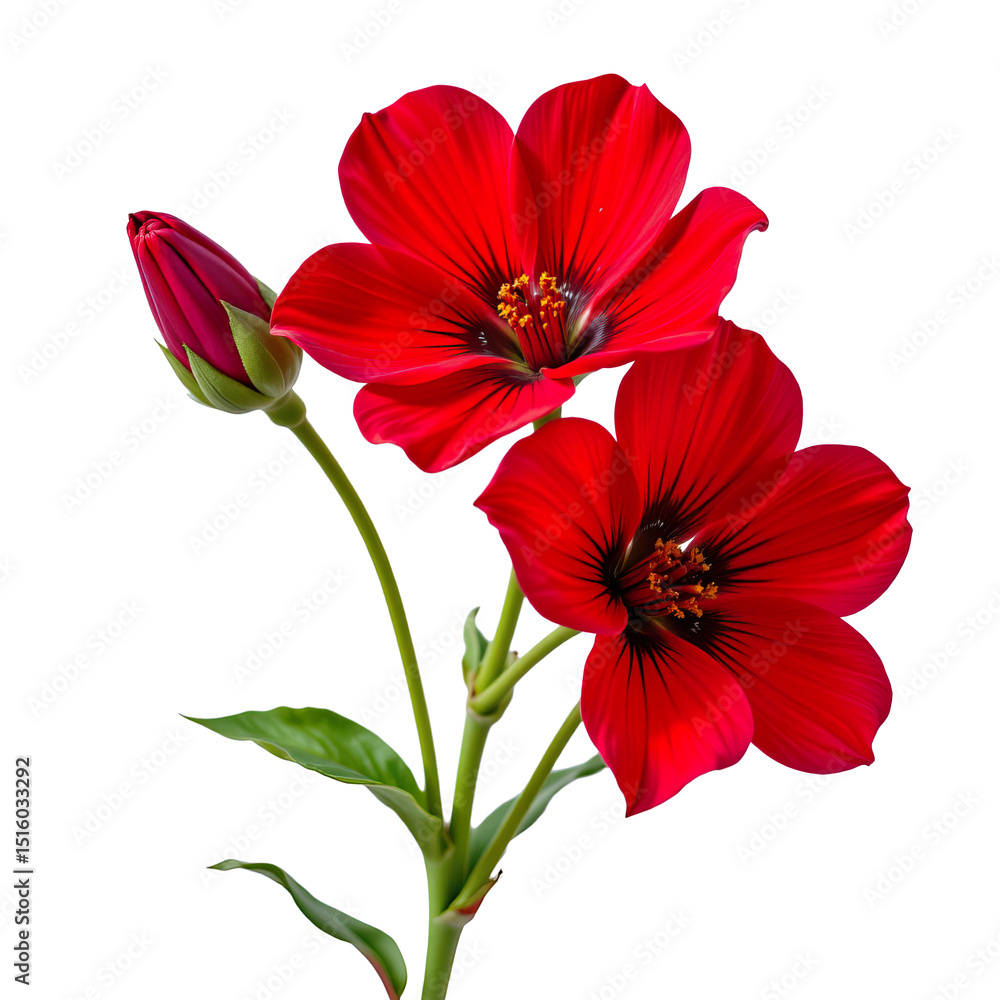 Fototapeta premium Vibrant Red Flowers with Green Leaves Captured on a White Background for Nature and Floral Design
