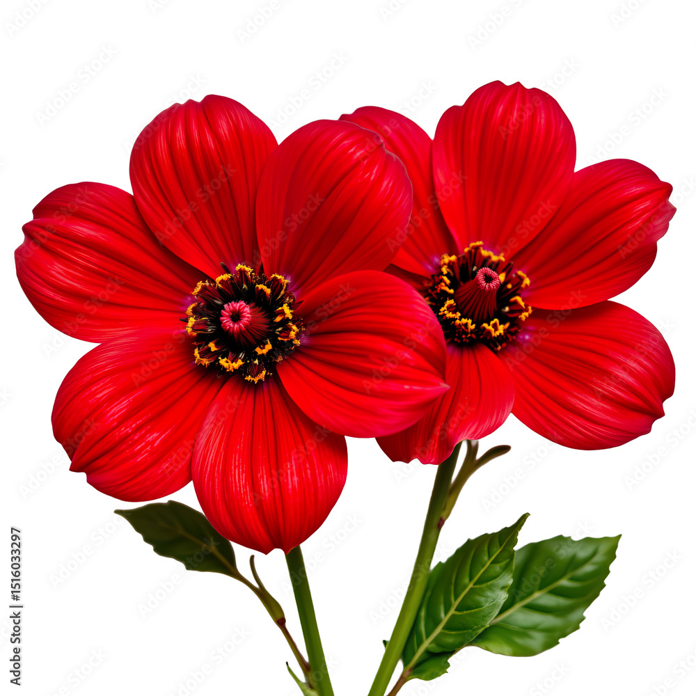Fototapeta premium Vibrant Red Flowers with Glossy Petals and Rich Green Leaves Enhancing Natural Beauty of Floral Arrangement