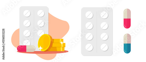 Medical healthcare budget cost price icon vector, pills drugs package isolated modern vector simple graphic, health care pharmacy expenses as money cash image clip art, income earnings idea