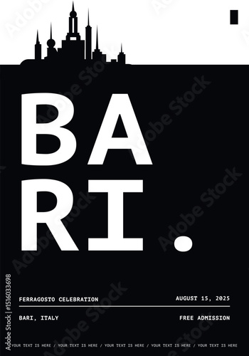 Bari typography minimalist vector poster for event, national festival, independence day, holiday layout. Brochure, leaflet, flyer, presentation monochrome image template with text for Italy