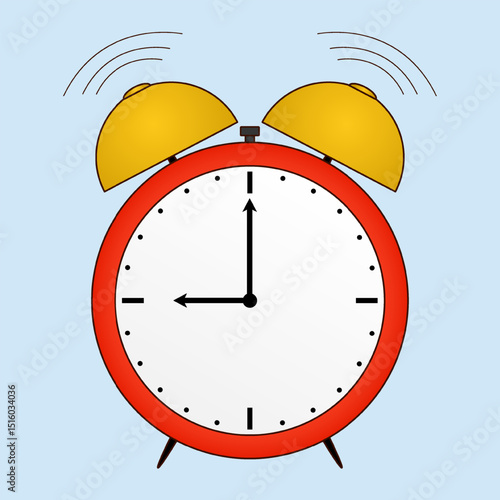 Illustration of a yellow ringing of red alarm clock with white ring mechanical dial showing 9 o clock - symbolizing school start time - on a light blue background. Ideal for back to school theme.