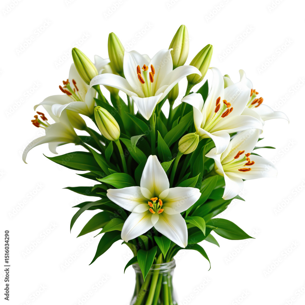 Obraz premium Elegant White Lilies in a Clear Vase for Floral Decoration and Home Aesthetic Enhancement