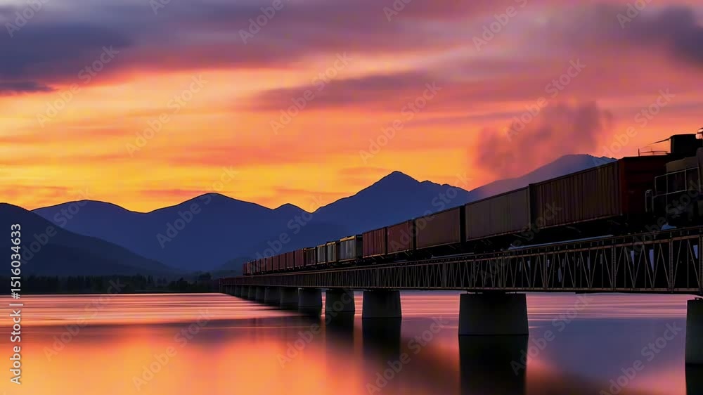 Long freight train crossing bridge over water with colorful sunset and mountains in background Long freight train crossing bridge over water with colorful sunset and mountains in background